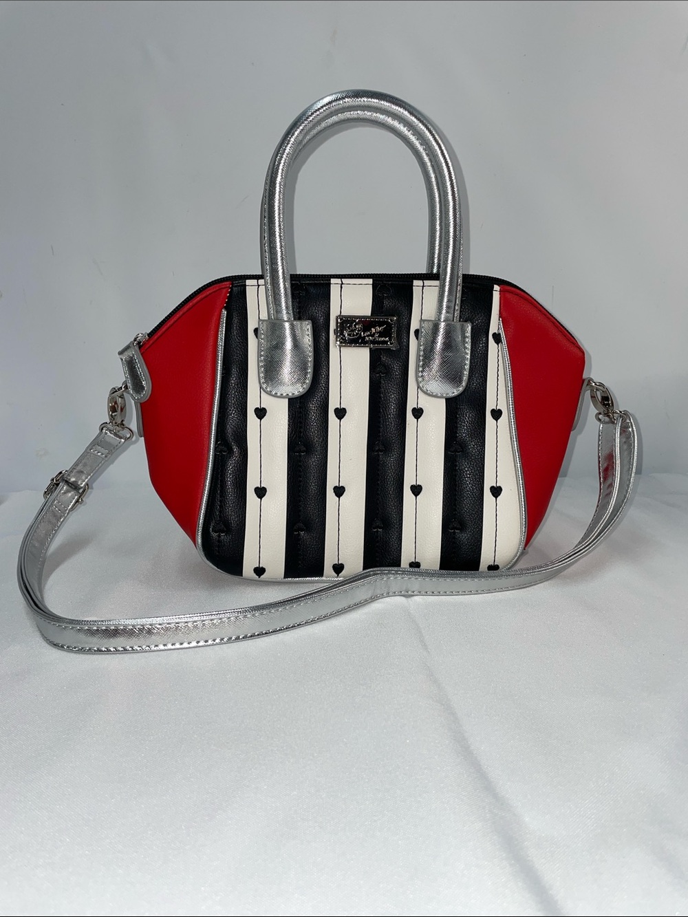 Betsey Johnson Black White Red Striped Heart Satchel with Silver Handles